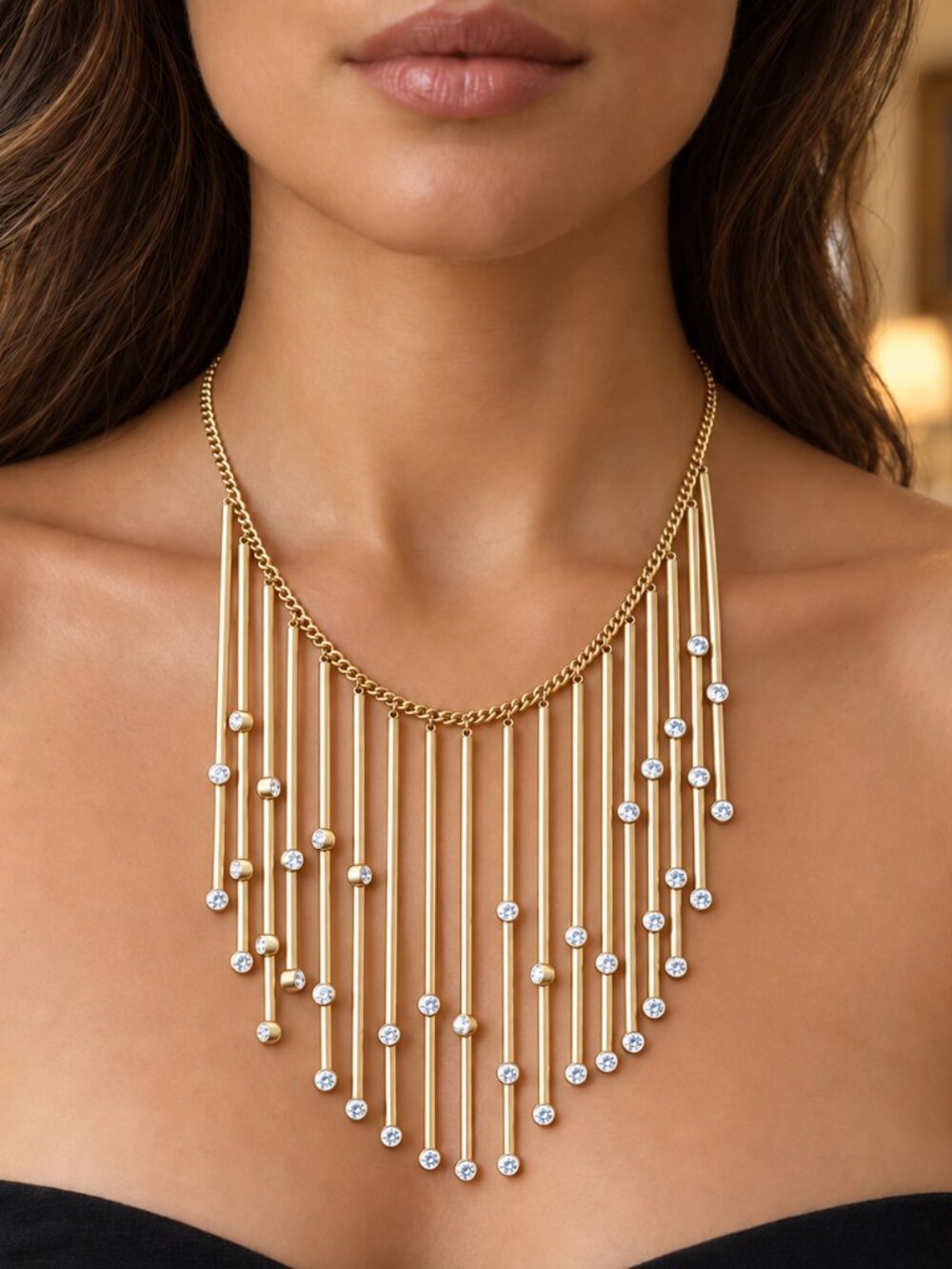 Rachel Zoe Art Deco Gold Waterfall Fringe Statement Necklace Crystal Bar Drop